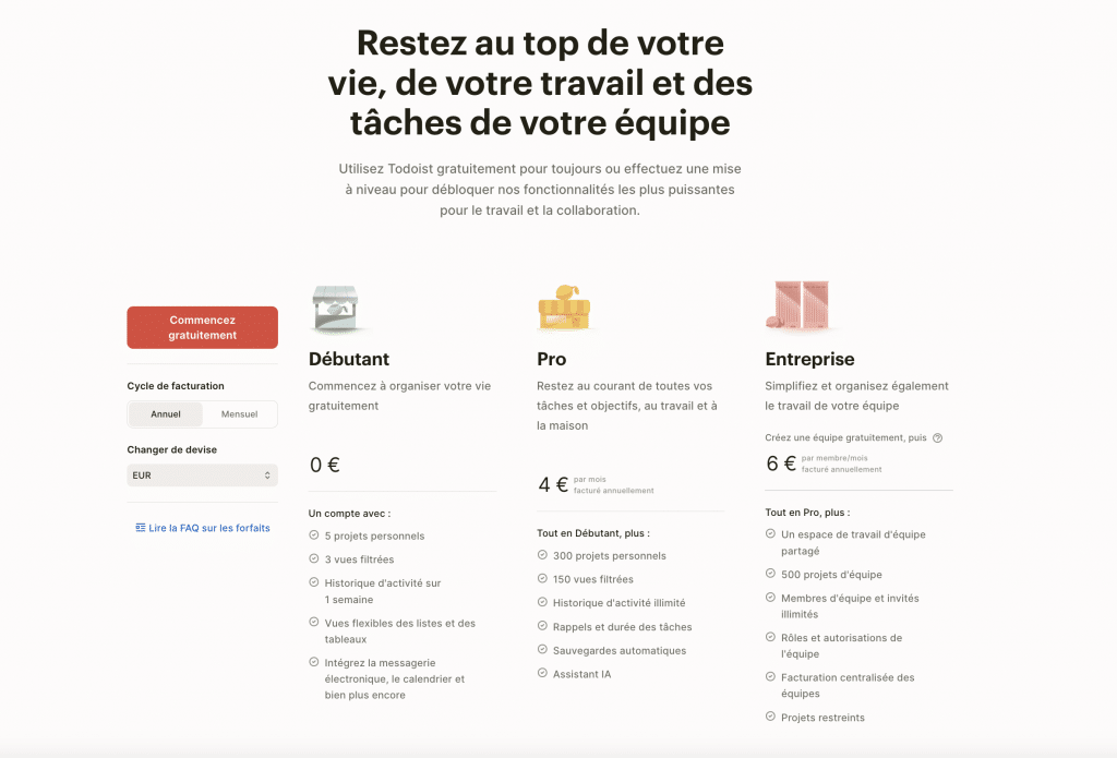 Les prix proposés par Todoist