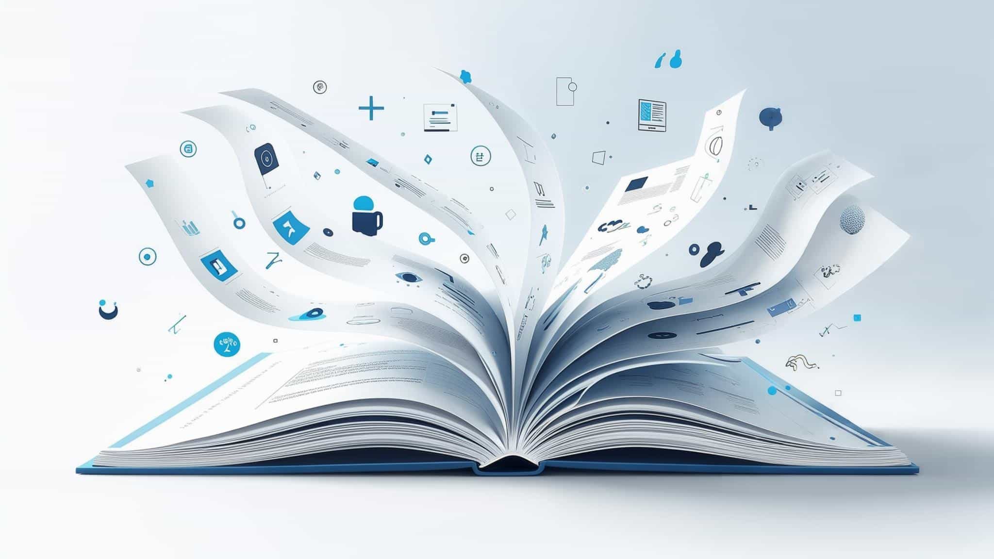 Un livre ouvert où les pages volent entre elles et où des dessins symbolisent l'univers du livre et de l'ebook sont visibles.