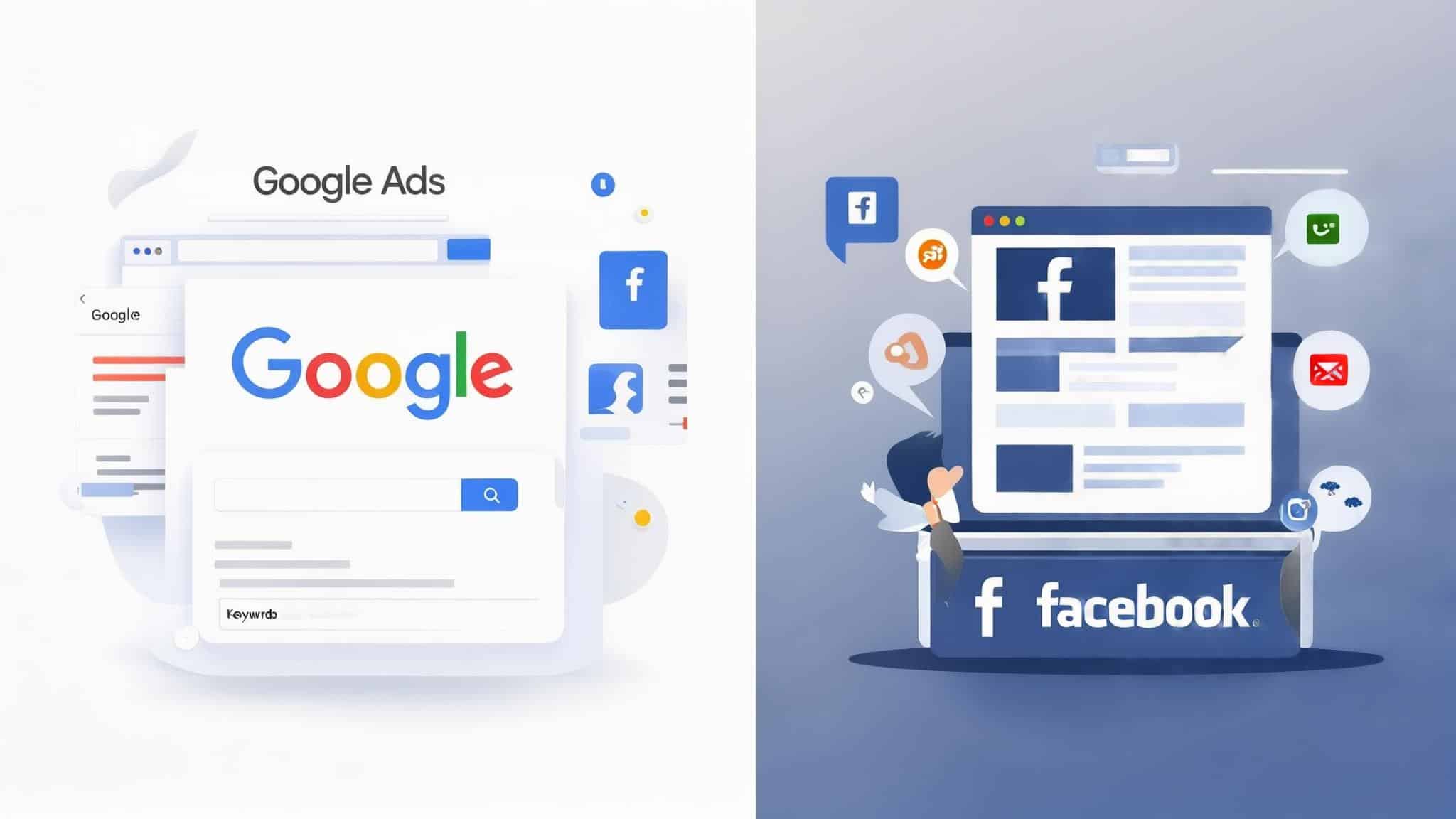 L'image est divisée en deux parties. Sur celle de gauche, on peut voir un onglet Google ouvert et en arrière plan une annonce Google Ads est suggérée et il est d'ailleurs noté Google Ads en titre. Sur la partie de droite, un onglet Facebook Ads est représenté et le logo ainsi que la mention de Facebook est faite. Sur chaque partie de cette image entière, les couleurs respectives de ces deux marques sont reprises.