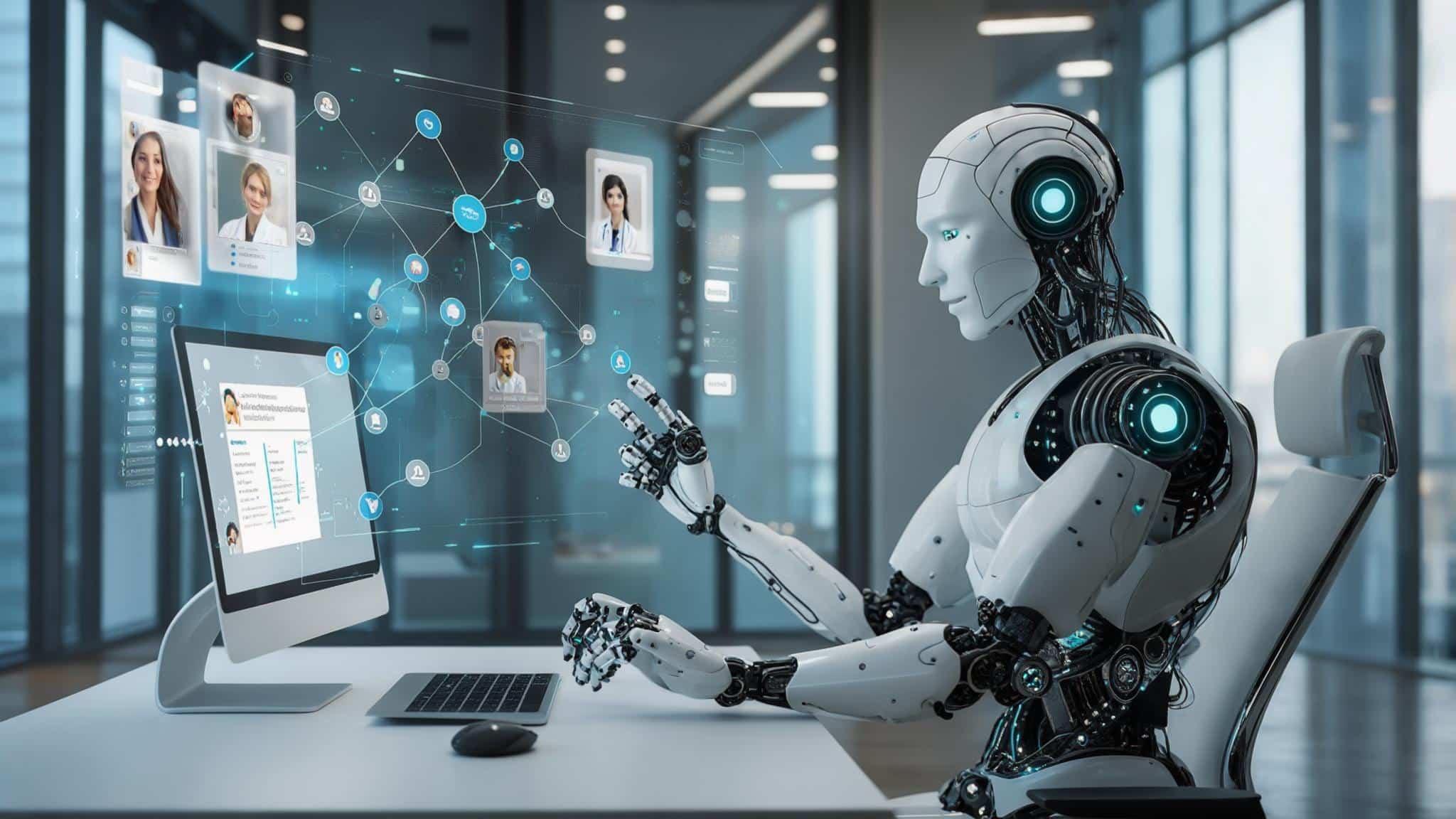 Un robot est assis sur une chaise devant un ordinateur et, il utilise l'IA pour optimiser les profils LinkedIn.