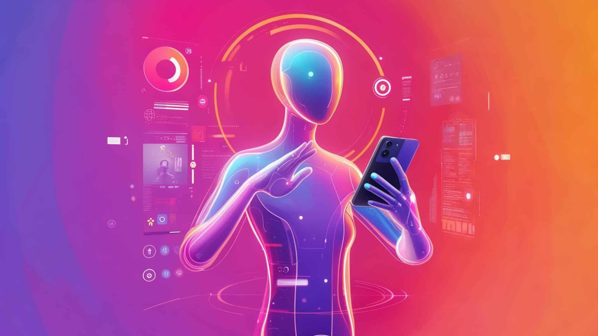 Une silhouette futuriste a un téléphone dans les mains et scroll sur Instagram. L'image est au couleur d'Instagram 
