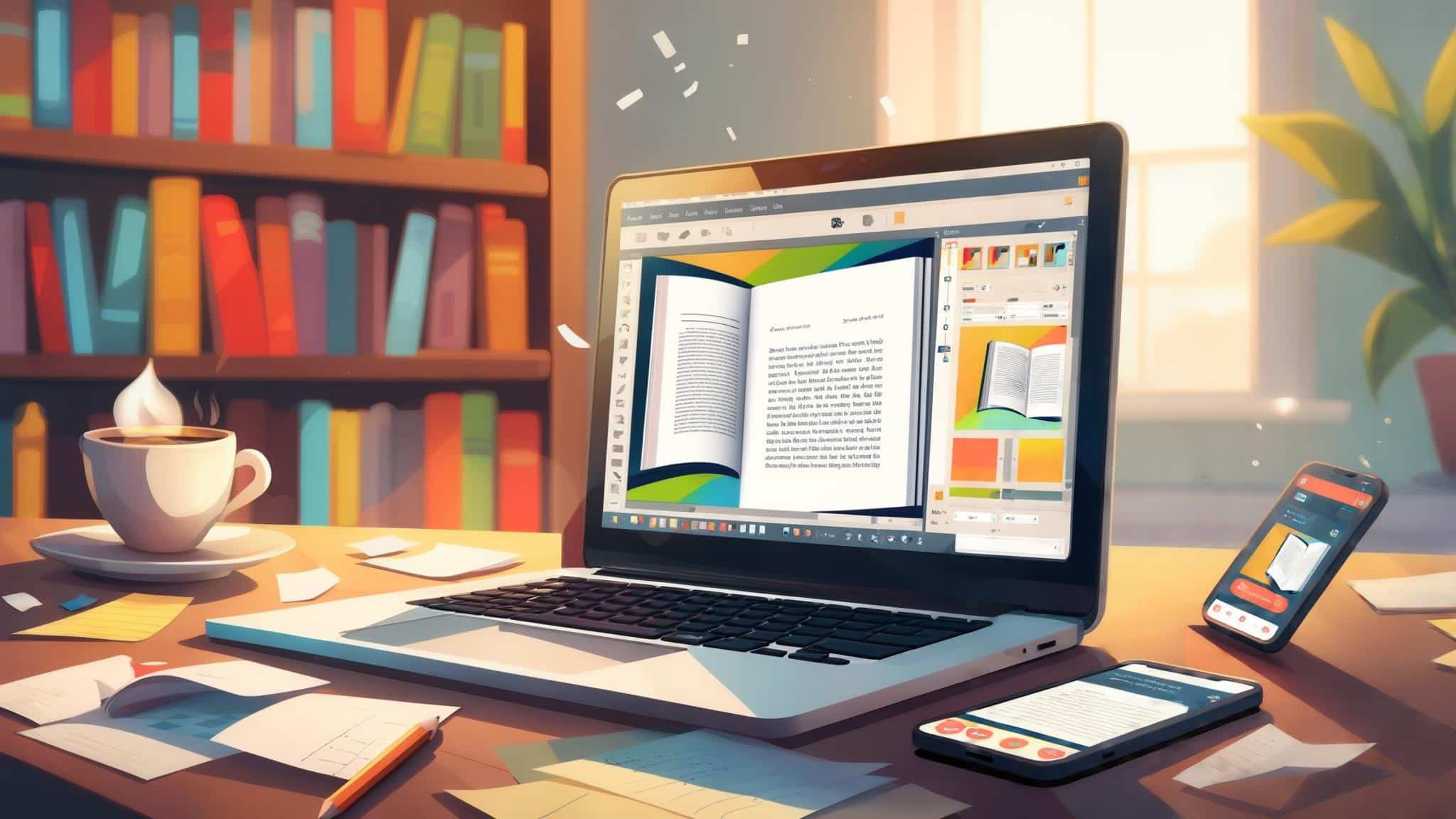 L’image montre un ordinateur posé sur un bureau affichant un logiciel  avec une maquette d’eBook ouverte afin d'optimiser la présentation d'eBook. Autour de l'ordinateur, on trouve des téléphones portables, un café, des papiers éparpillés suggérant que la personne est en pleine période de création.