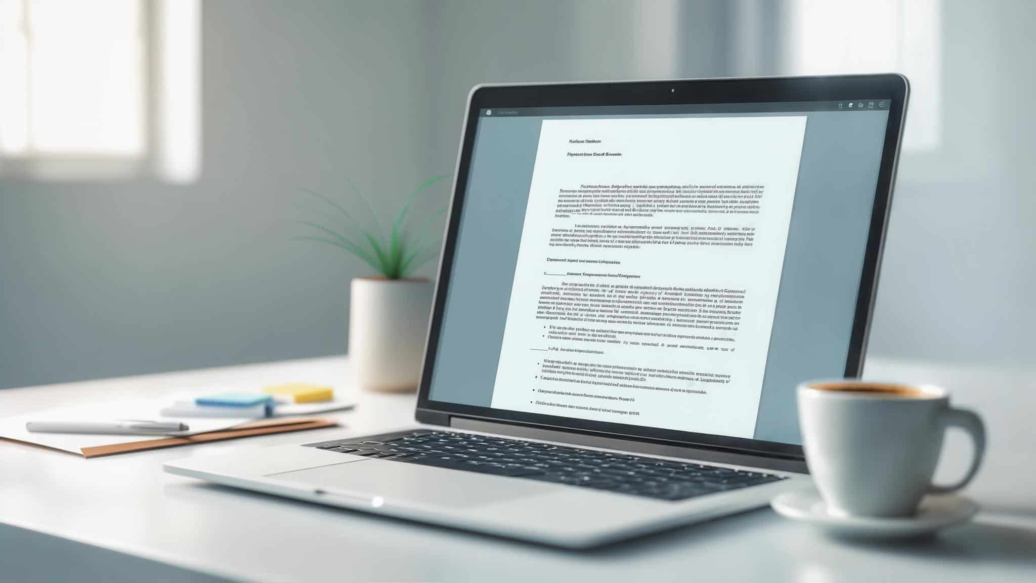 L'image représente un espace de travail représenté par un bureau où un ordinateur portable est présent. Sur ce dernier, un fichier est ouvert où du texte est écrit. Cela symbolise le fait qu'une personne est en pleine rédaction d'un texte et ici probablement d'une annonce publicitaire pour faire écho au sujet de l'article. Sur le bureau, nous voyons également des éléments propres à un environnement favorisant la rédaction tels que des posts-it, un stylo est des feuilles. Nous apercevons aussi une tasse de café et une plante verte.