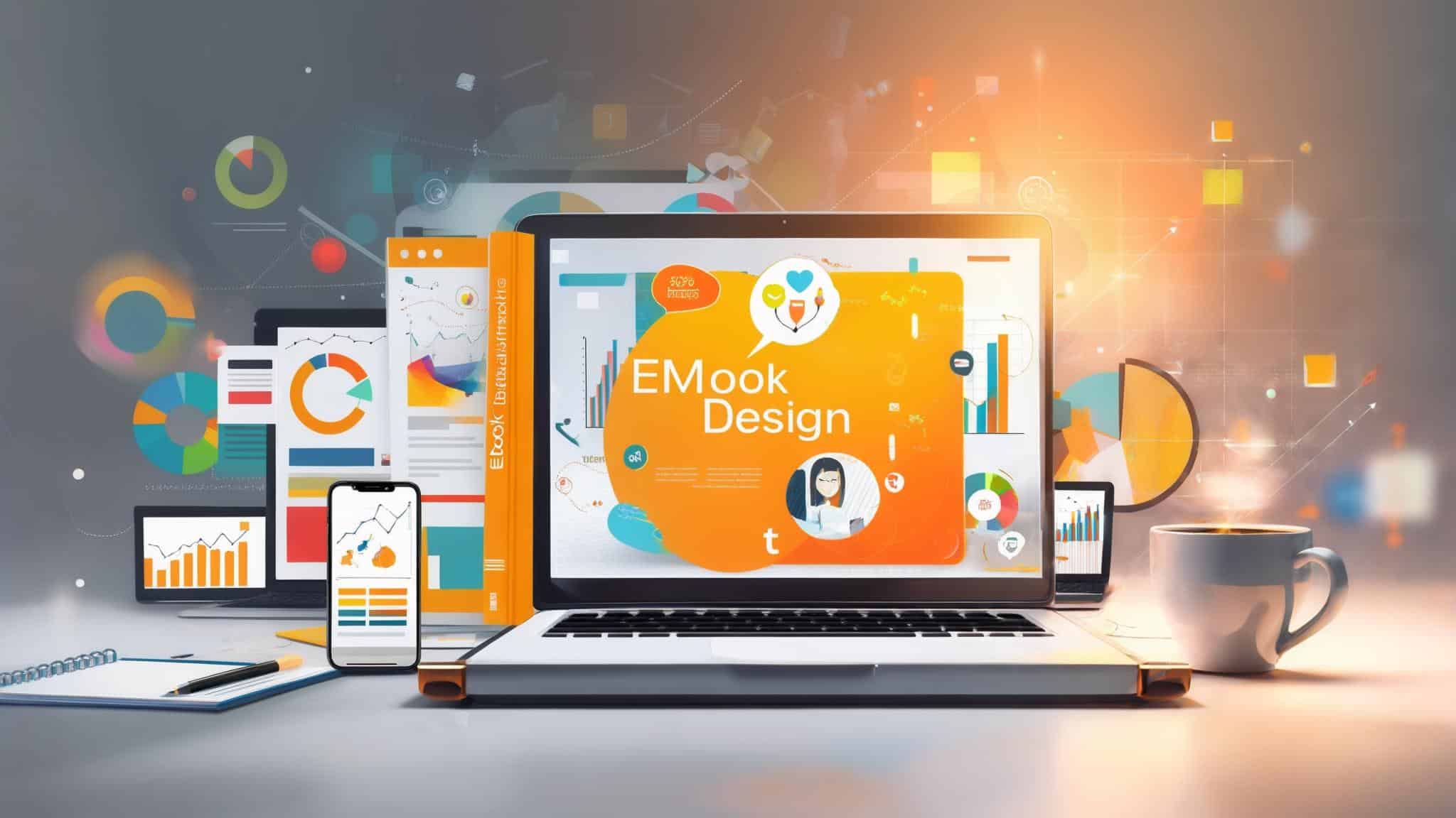L'image montre un ordinateur portable ouvert sur un logiciel de design. Autour de l'écran des projections de dashboard sont présentes avec des graphiques. Sur le bureau un téléphone, une tablette, une tasse et un carnet sont présents suggérant que des analyses sont faites sur les performances d'un eBook.