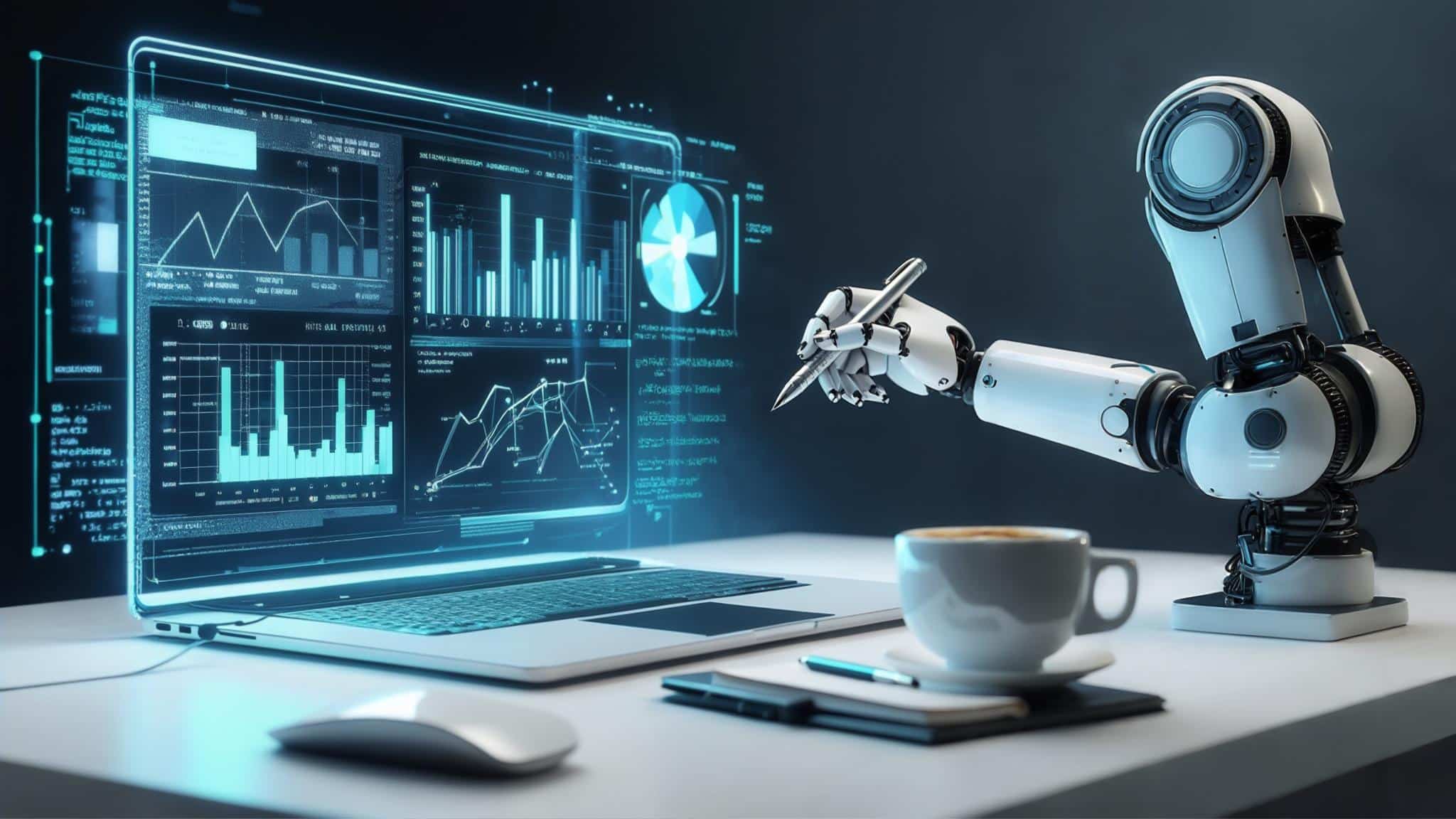 L'image est dans un environnement futuriste. Un robot, posé sur un bureau, possédant uniquement un bras tient un stylet dans sa main. Ce stylet pointe vers le contenu holographique émanent d'un ordinateur portable. Ce contenu futuriste reprend des données permettant de faire des analyses poussées. L'environnement de l'IA est clairement représenté dans cette image. Toutefois, une touche d'humanité est présente car on voit sur le bureau : une tasse de café, un carnet de note, un stylo et une souris d'ordinateur.