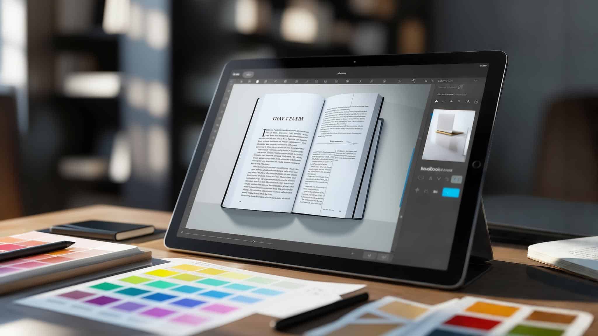 L’image montre une tablette posée sur un bureau affichant un logiciel de conception graphique avec une maquette d’eBook ouvert en 3D. Autour de la tablette, on trouve des échantillons de couleurs, un carnet et un stylet, suggérant un processus de design et de mise en page. L’arrière-plan flou évoque un espace de travail moderne et créatif, renforçant l’idée de conception professionnelle d’un eBook.